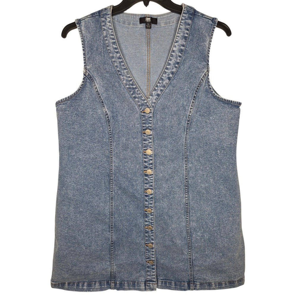 Frye Womens XL Denim Mini Dress Sleeveless Button Front Raw Hem Blue Vest